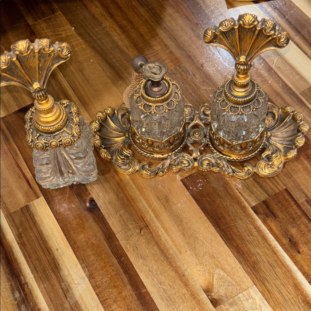 Elegant, vintage Ormolu Gold Filigree Perfume Tray and Perfume bottles